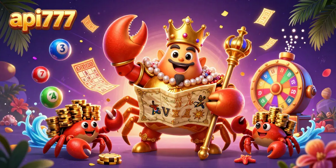 Mengungkap kemenangan di api777 dengan karakter kepiting emas memegang peta harta dan simbol permainan slot