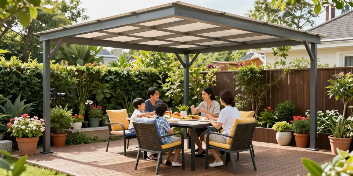 Stylische Terrassenüberdachung schafft gemütlichen Platz im Garten für Familienessen unter Sonnenschein.