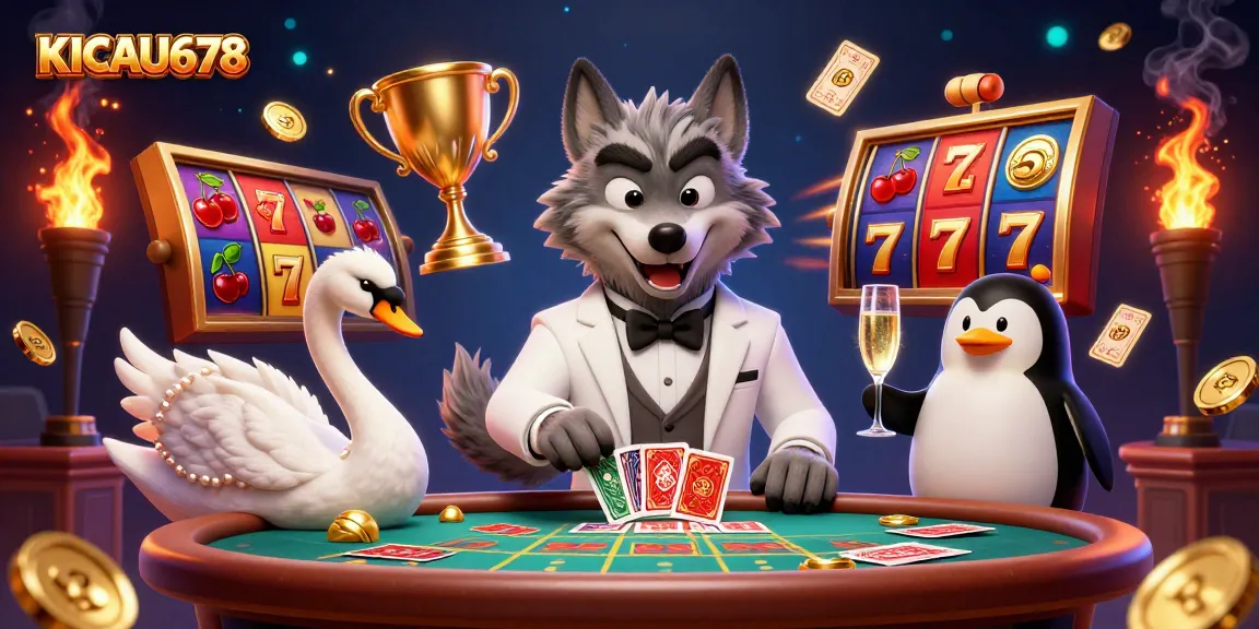 KICAU678 showcases a vibrant casino scene with wolves, swans, and penguins playing slots, celebrating wins.