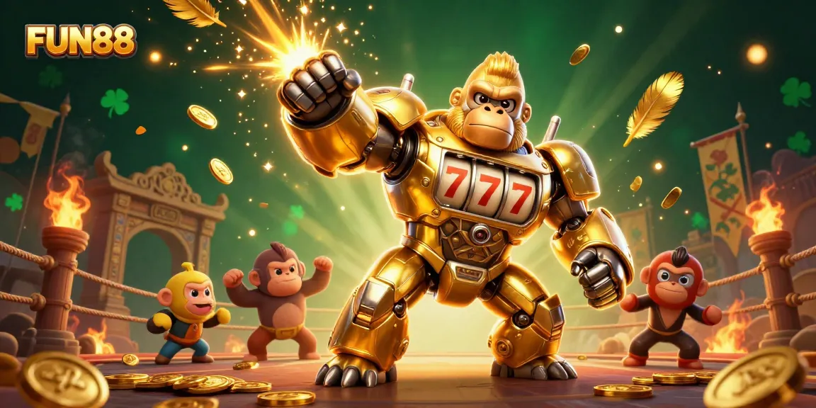 Experience fun with FUN88 as the gorilla mech blasts coins in a thrilling casino battle.