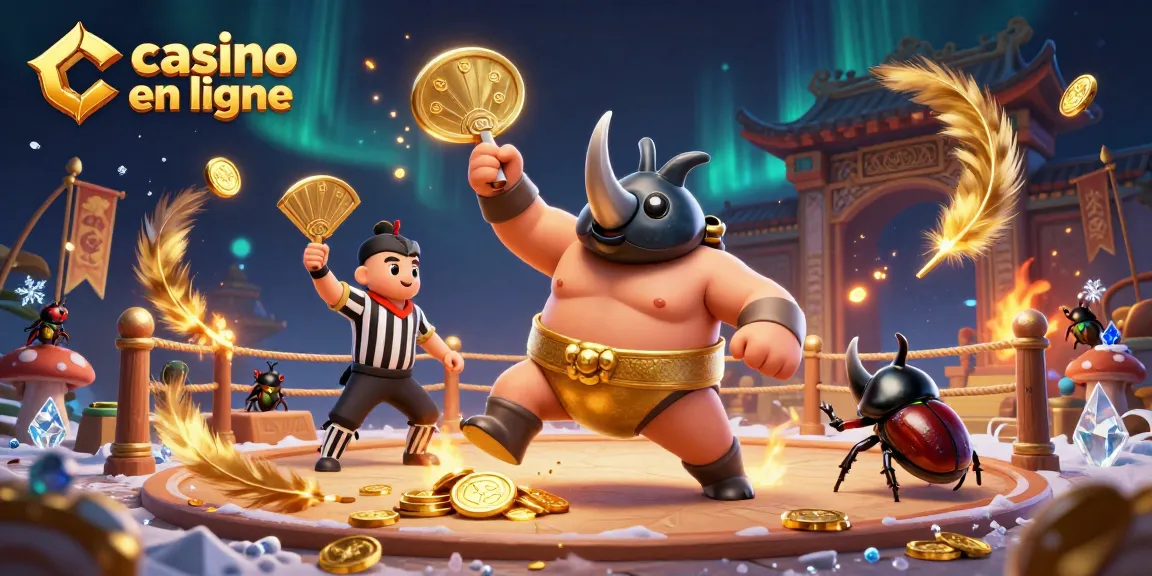 Vivez des jeux captivants de casino en ligne avec un champion scarabée sumo entouré de pièces d'or.