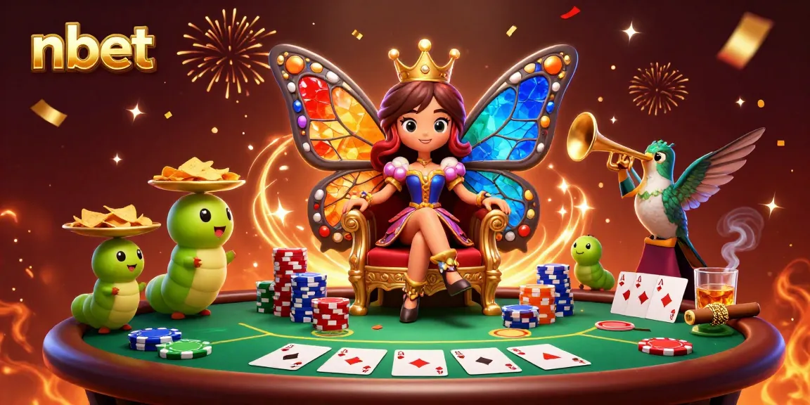 Engage with nbet's vibrant casino scene featuring colorful chips, cards, and a butterfly queen.