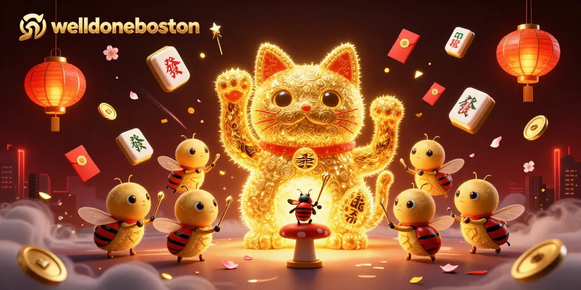 Experience thrilling wins at welldoneboston's lucky cat casino illustration with vibrant symbols.