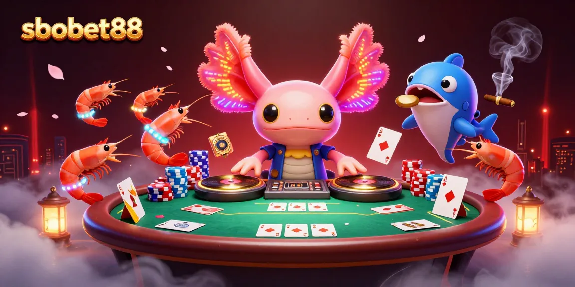 Experience the vibrant energy of sbobet88 as colorful axolotls join a dynamic casino scene.