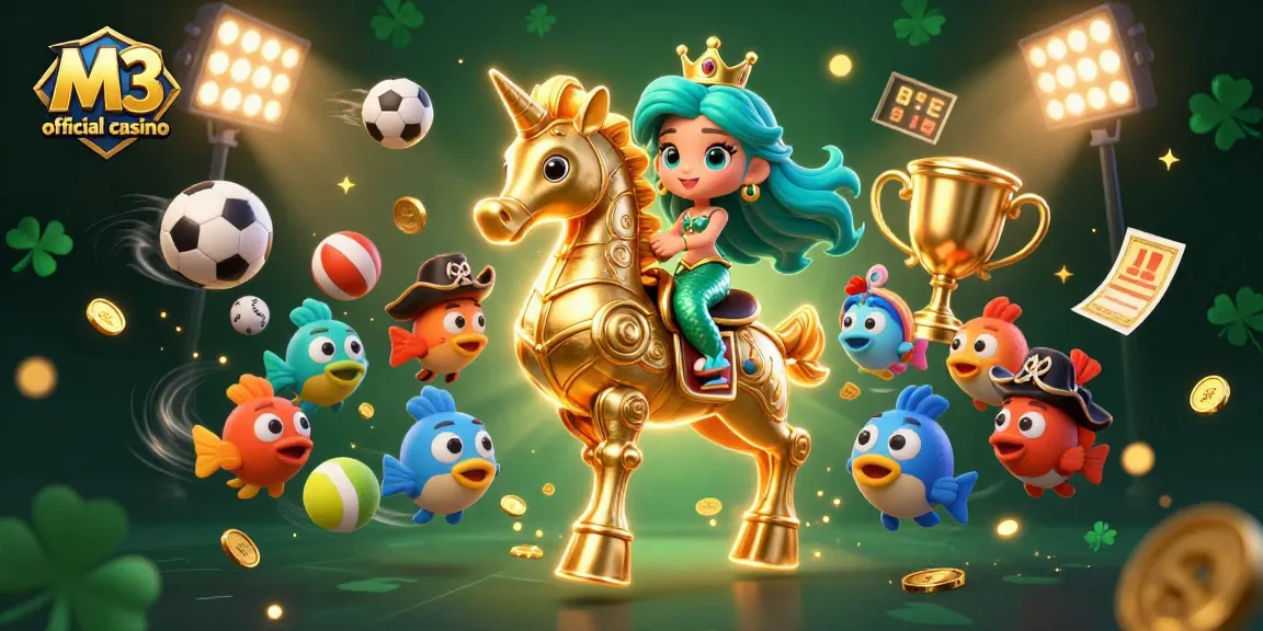 Join the excitement at M3 official casino with colorful characters amidst dynamic sports elements.
