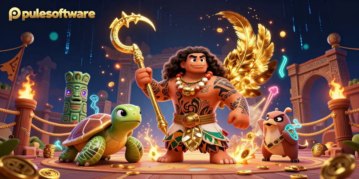 Experience pulsesoftware’s vibrant casino elements with a Maui demigod and turtle in a dynamic scene.