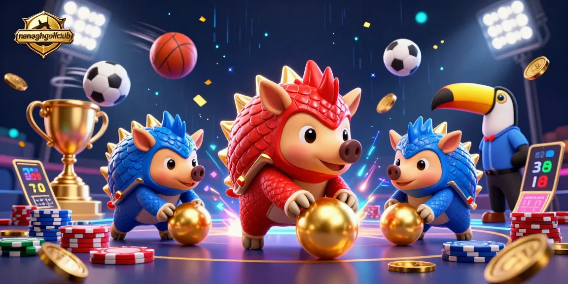 Rival pangolins celebrate at nenaghgolfclub with golden balls, poker chips, and betting slips.
