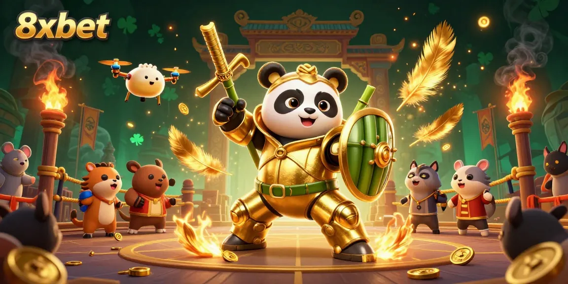 Experience the excitement at 8xbet with a golden panda piloting a cool robot in a vibrant casino arena.