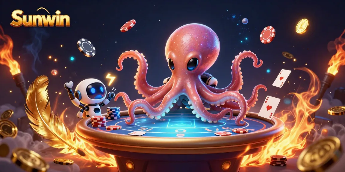 Sunwin casino scene featuring a cartoon alien octopus engaging in poker with vibrant betting elements.