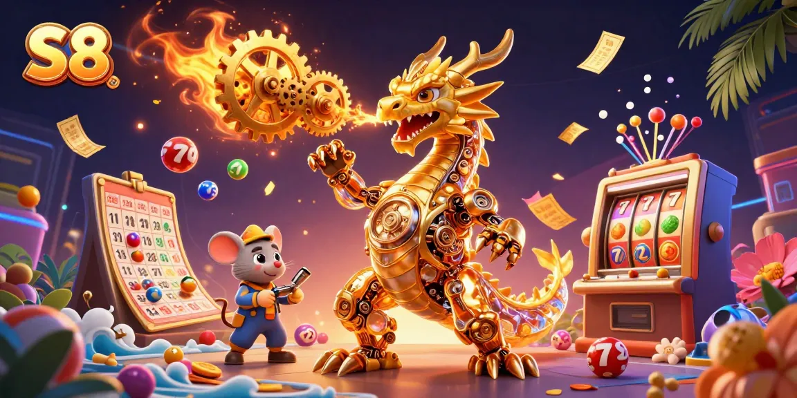 Experience thrilling gaming at S8 with a dynamic scene of a golden dragon and vivid lottery elements.