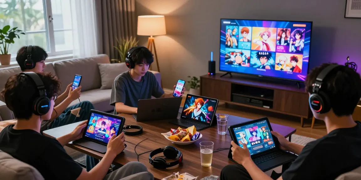 Players exploring hentaigame titles in a cozy living room, showcasing diverse devices and engaging narratives.