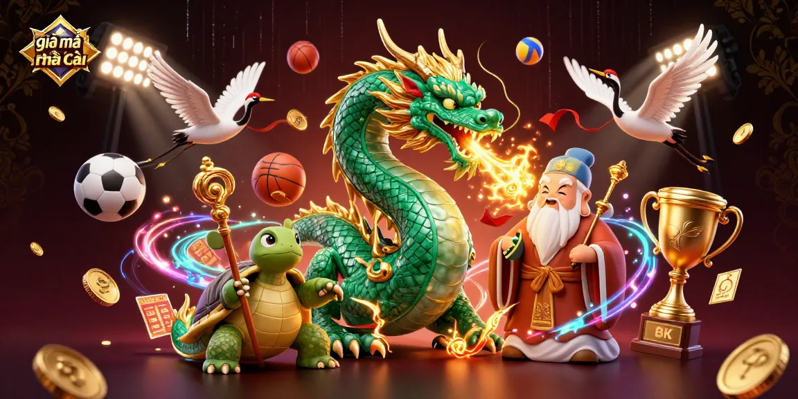 Experience the vibrant action of giải mã nhà cái with an emerald dragon and lucky cranes amid dynamic sports elements.