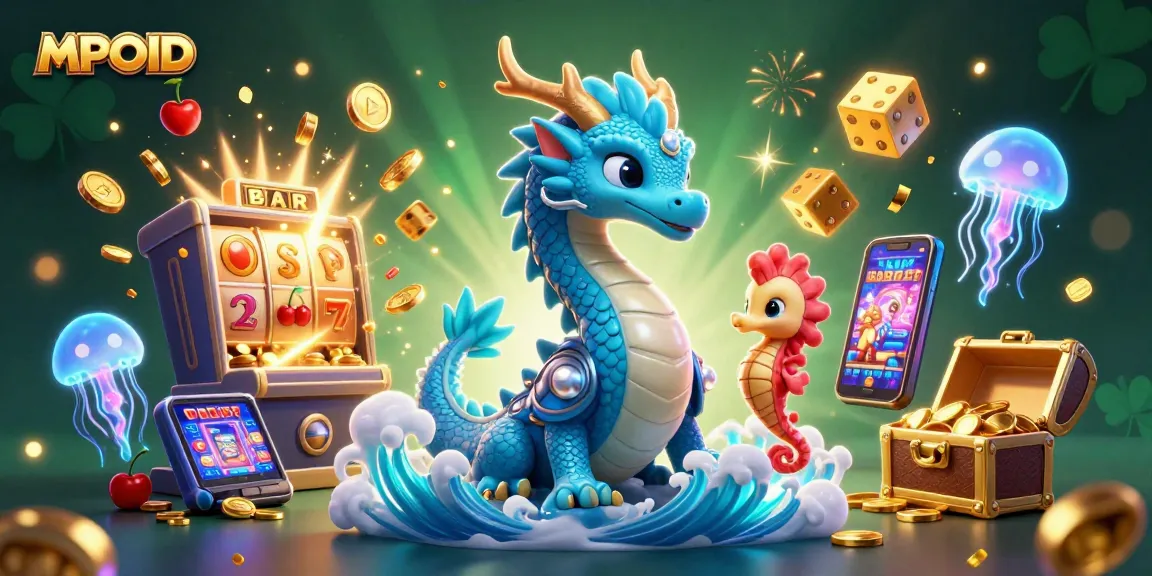 Engage with MPOID’s vibrant slot machine action featuring a dragon, seahorse, and treasures.