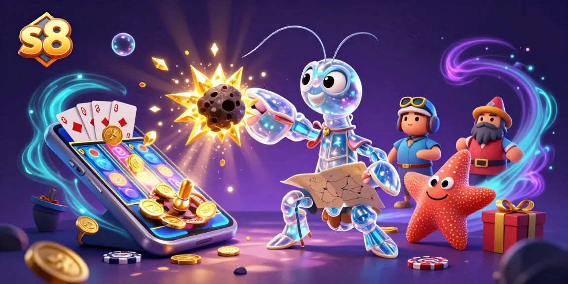 S8 offers a dazzling 3D illustration where a galactic mantis shrimp punches through riches amid colorful slot games.