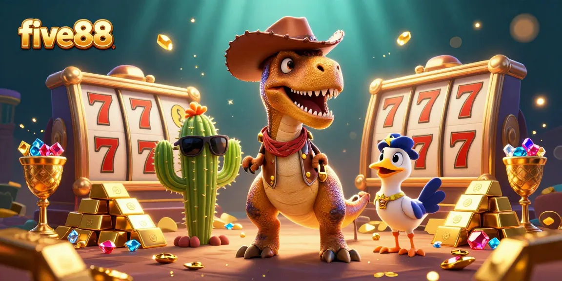 Experience winning thrills with five88, featuring a vibrant scene of cartoon characters and slot reels.