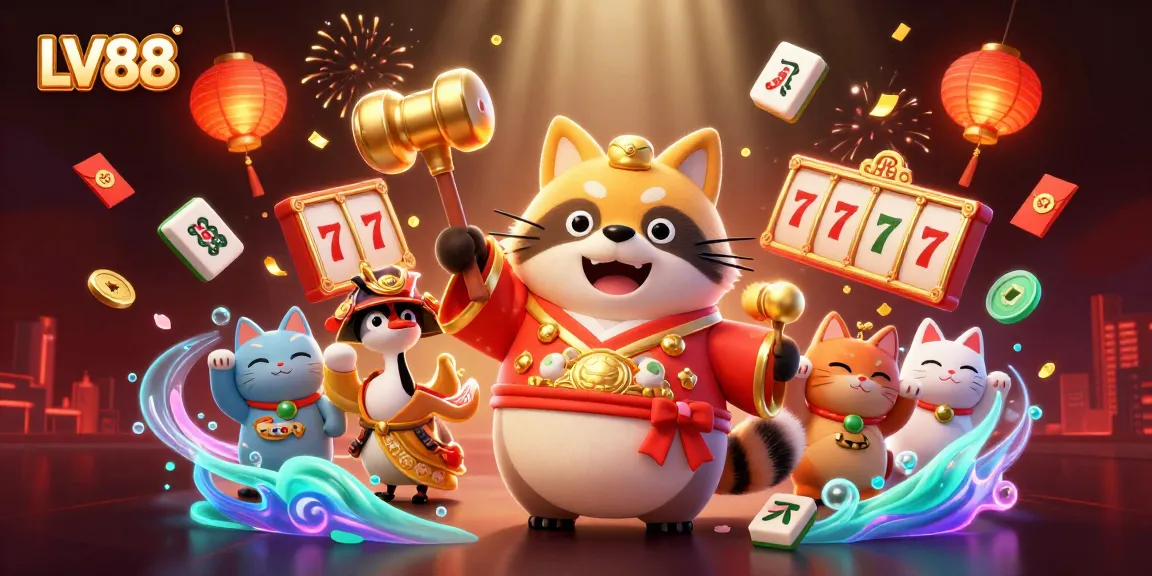 Engage with LV88's vibrant 3D illustration showcasing a lucky tanuki and festive casino elements.
