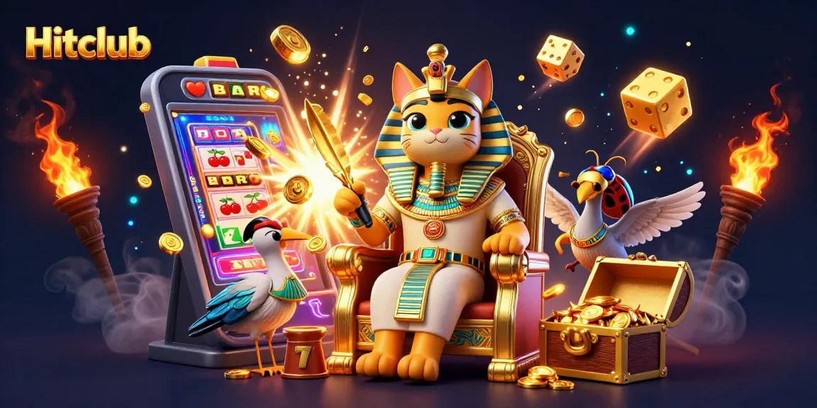 Hitclub's pharaoh cat character celebrates with a jackpot explosion of coins in a dynamic casino scene.