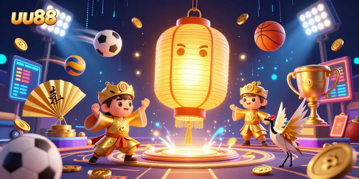 Engage with uu88’s thrilling casino action featuring sports balls, golden lights, and lucky symbols.