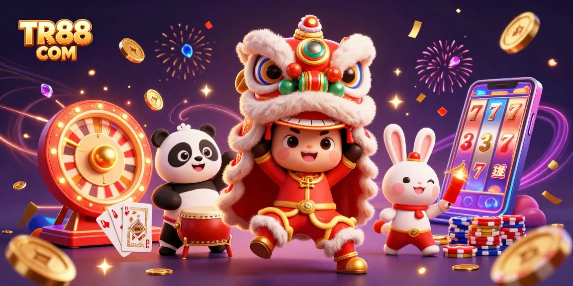 Cascade through the excitement of TR88 COM's online casino with a vibrant 3D illustration, celebrating playful characters and games.