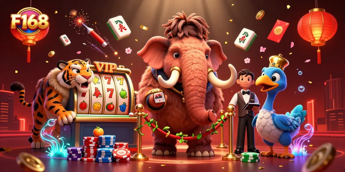 Engage with F168 casino excitement featuring a mammoth bouncer, tiger VIP, and dodo doorman.