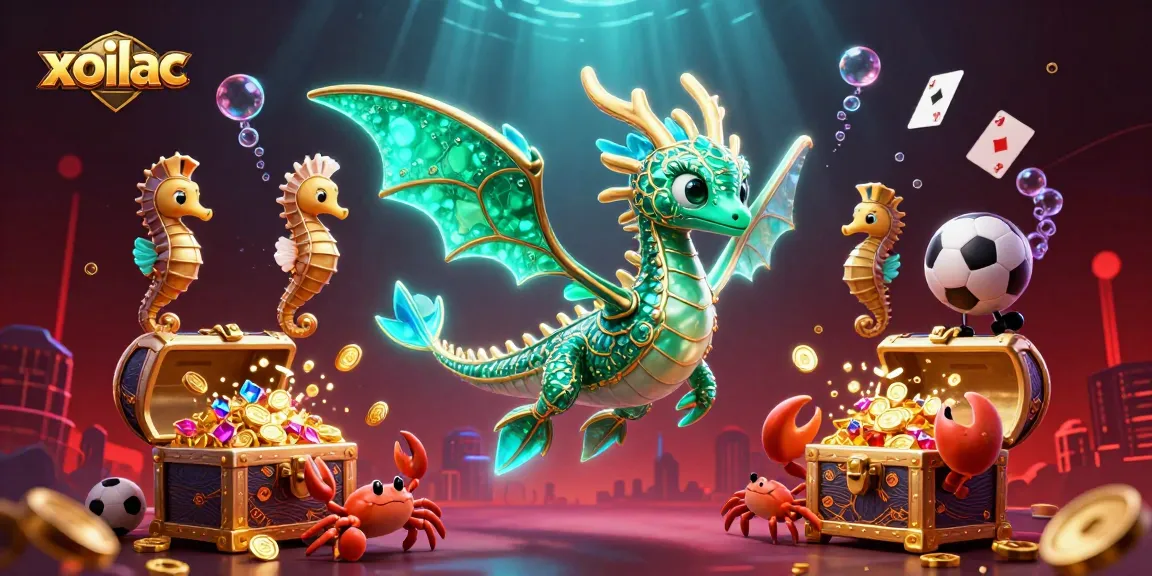 Xoilac showcases an exciting underwater soccer-themed gambling scene featuring a majestic sea dragon and vibrant treasures.