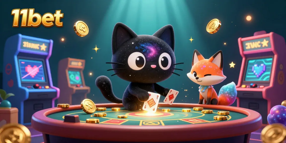 Engage in thrilling gameplay with 11bet's cosmic casino scene featuring vibrant characters and game elements.