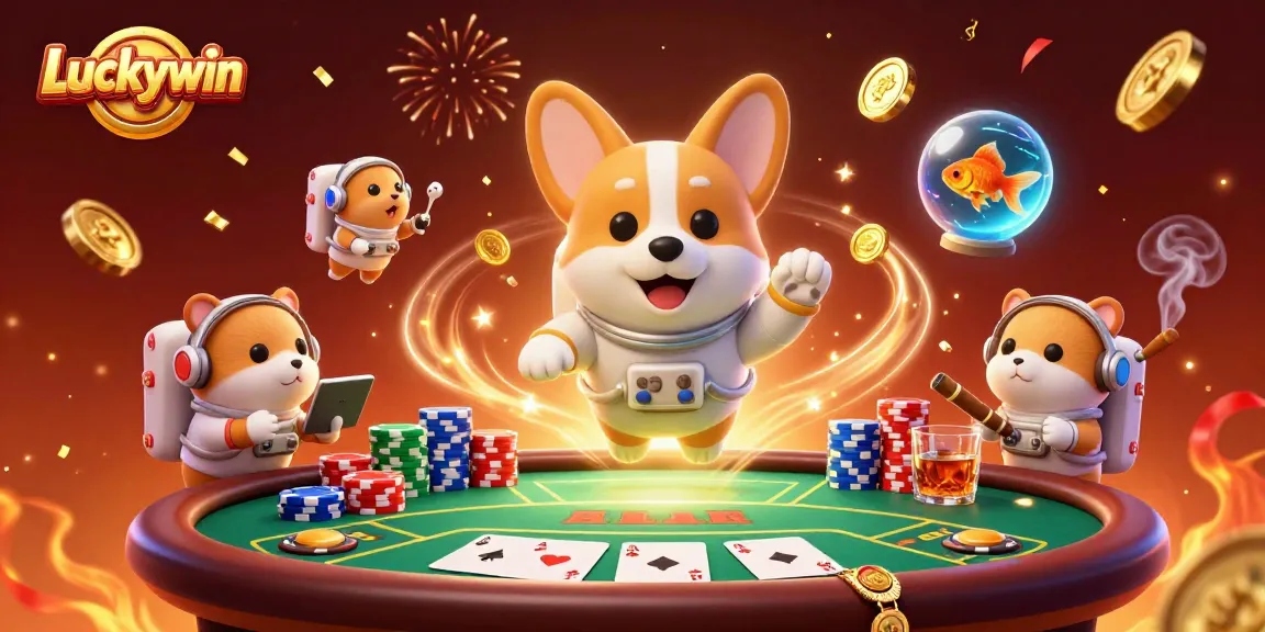 Experience Luckywin with a 3D cartoon astronaut corgi in a vibrant casino scene