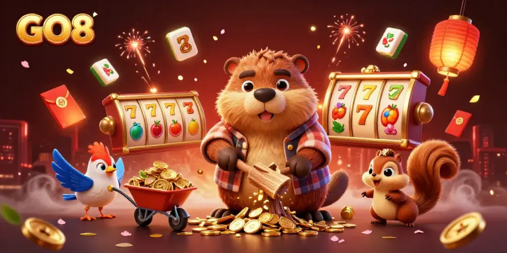 Watch the GO8 lumberjack beaver collect golden coins amid vibrant casino game symbols.