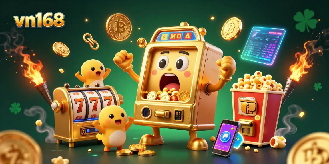 Experience thrilling wins at vn168 with a surprised slot machine celebrating a jackpot amidst golden coins and crypto elements.