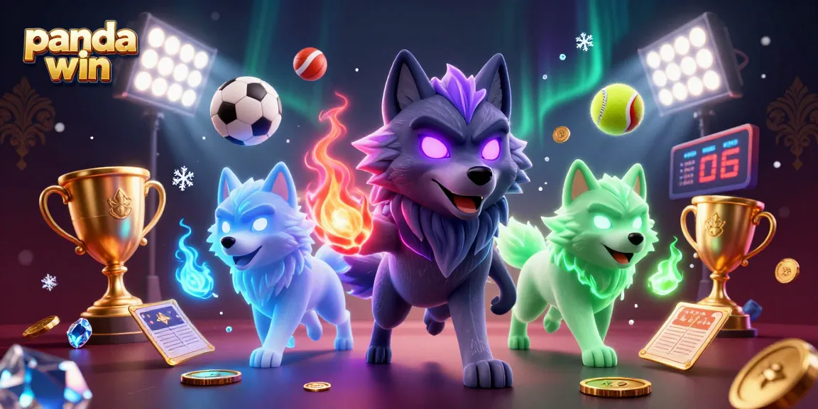 Panda win showcases an epic 3D casino scene with shadow wolves amid dynamic sports elements.