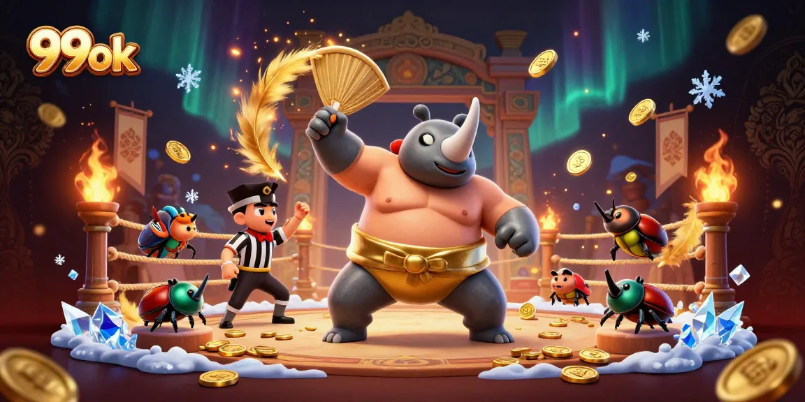 Witness the 99ok Sumo Beetle Champion stomping and showering coins in this vibrant casino scene.