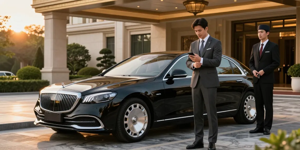 Pengalaman sewaan mobil mewah LUXURY 777 dengan sedan elegan di depan hotel mewah.