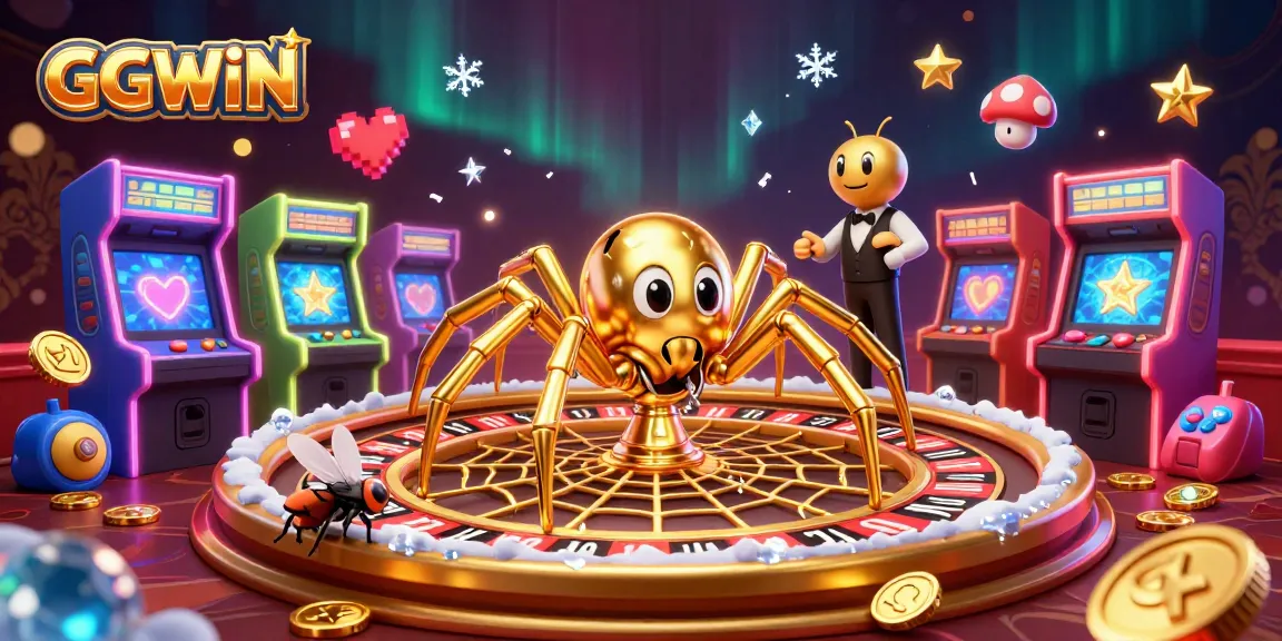 Join the fun at GGWIN, where a golden spider spins a roulette web while vibrant game elements enhance the thrill.