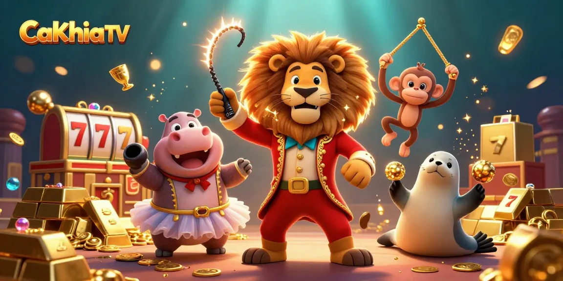 Witness the excitement of CaKhiaTV as a circus lion leads a vibrant game of slots surrounded by jewels and treasures.