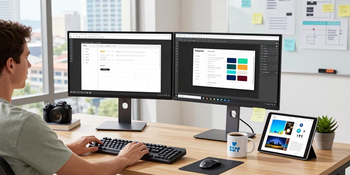 Developer using Snipaste on dual monitors in a modern office setup.