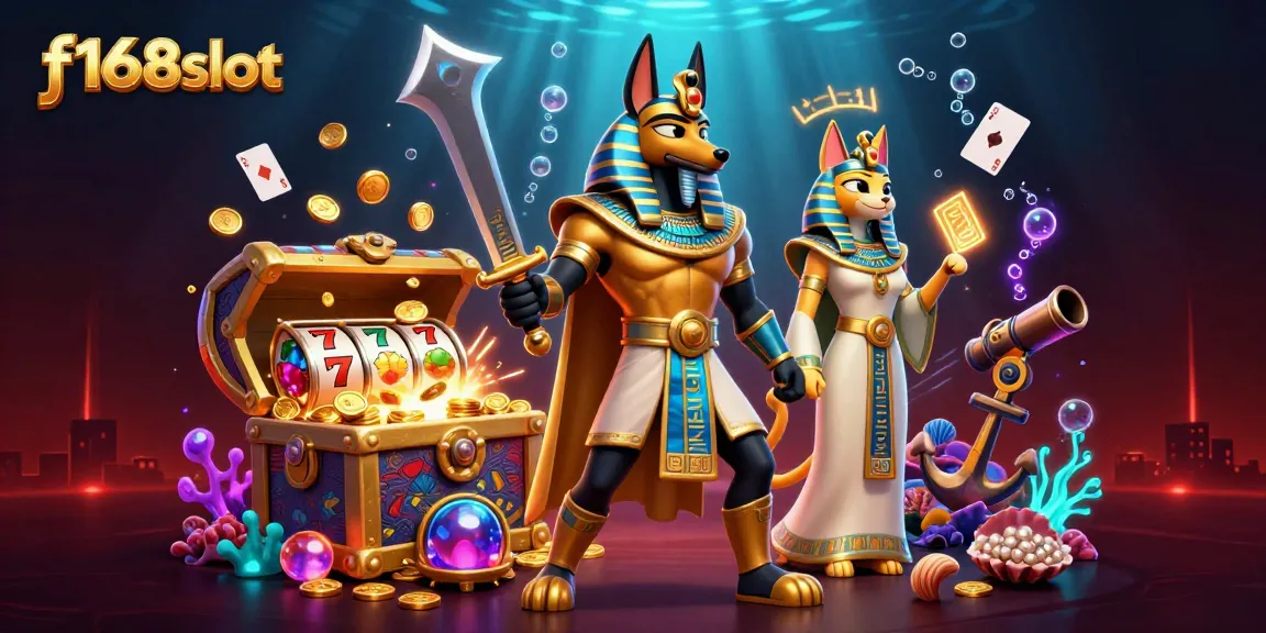 F168slot presents a vibrant scene featuring Anubis wielding a khopesh sword surrounded by slot elements.