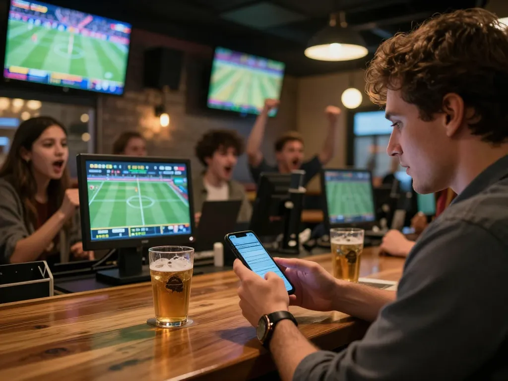 Engaging smartphone sports betting action, highlighting Nhận Định Kèo Oddy strategy insights in a lively setting.