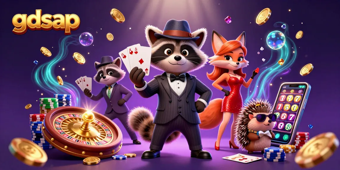 gdsap showcases a vibrant casino scene with a suave raccoon, charming fox, and hedgehog bouncer amidst dynamic casino elements.