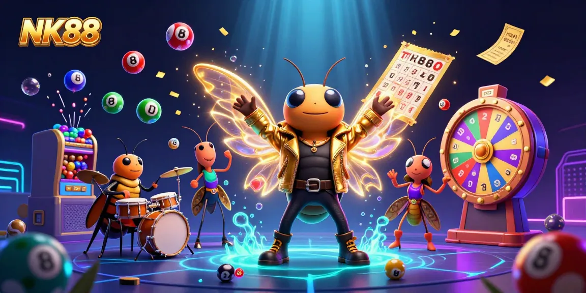 Experience the vibrant world of NK88 with a lively cicada rock star and exciting casino elements.