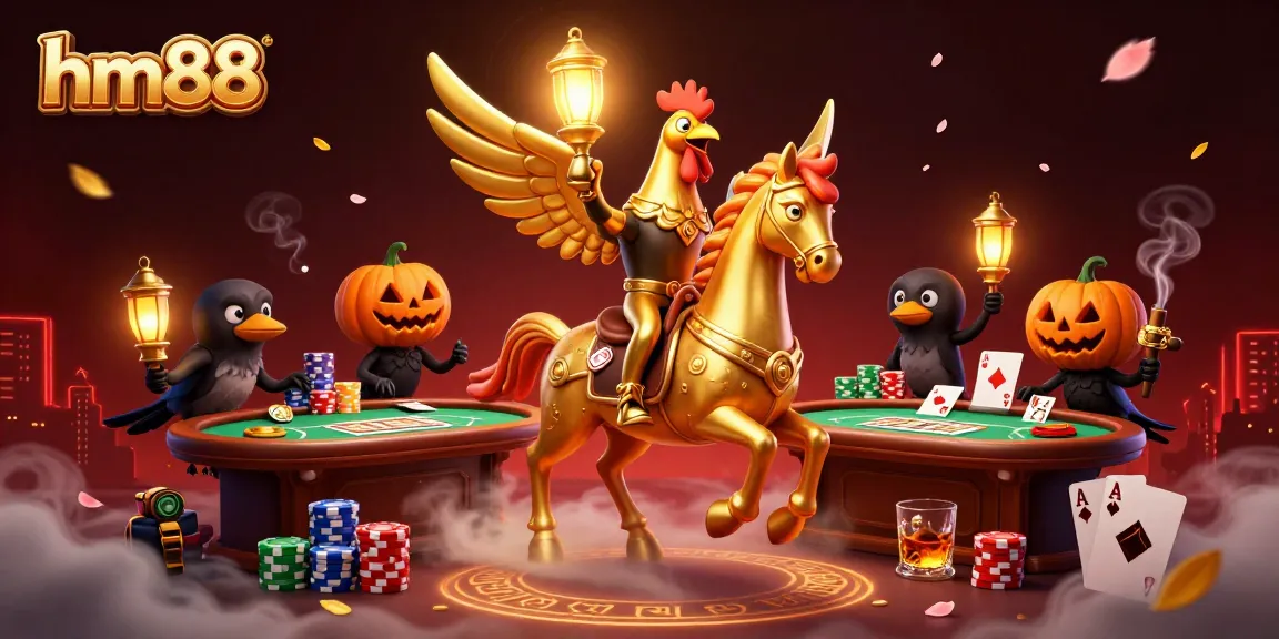 Engage with high-stakes action at hm88, featuring golden rooster characters in a vibrant casino scene.