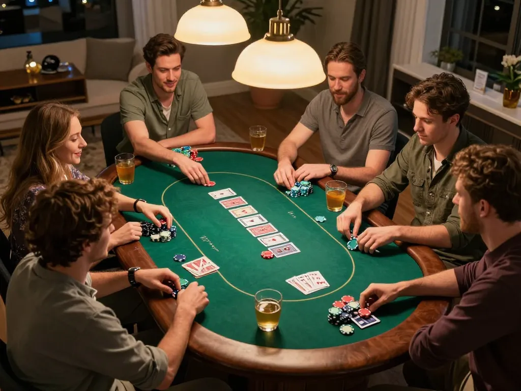 Friends enjoy poker at home with keonhacai strategies highlighted during gameplay, showcasing chips and cards.