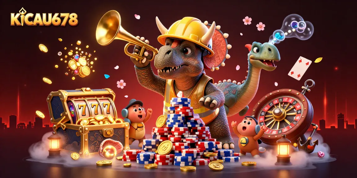 KICAU678 showcases a vibrant celebration in a casino-themed 3D scene with a triceratops building poker chip pyramids.