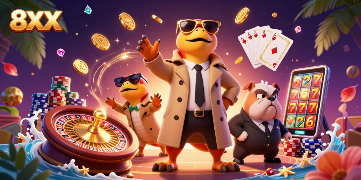Experience the excitement of 8XX with raptors in a trench coat entering a VIP casino scene.