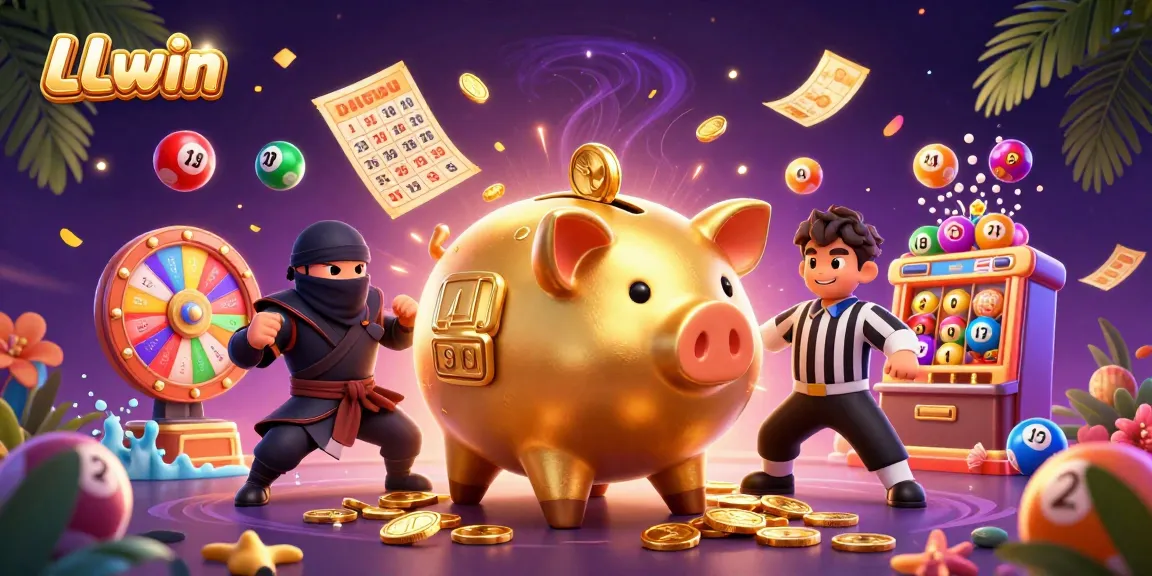 LLwin showcases an energetic scene featuring a golden piggy bank warrior amidst colorful gaming elements.