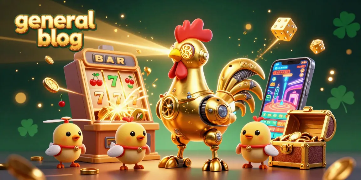 Engage in thrilling fun at the general blog casino with a vibrant 3D scene of a golden rooster robot amidst games and treasures.