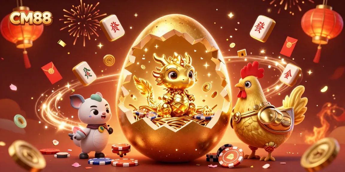 Experience CM88's dynamic casino action with a golden egg, dragon, and poker chips celebration.