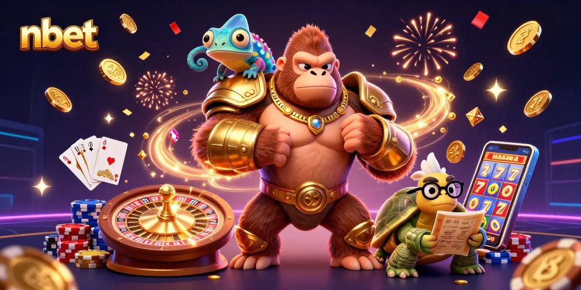 Engage with nbet's dynamic 3D casino scene featuring a gorilla king amidst vibrant gambling elements.