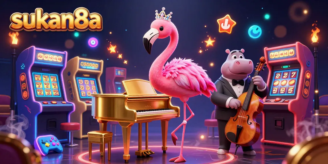 Sukan8a showcases a vibrant casino scene with a flamingo singer and hippo bassist, featuring slot machines.
