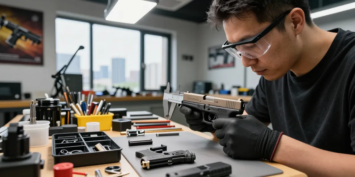 Custom Glock slide assembly at https://precisionglockslides.com in a modern workshop, emphasizing precision and craftsmanship.