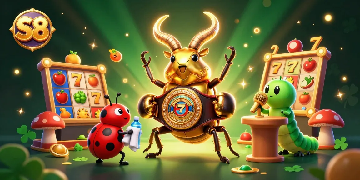 S8 ignites excitement at the casino with a golden stag beetle boxing match, amid slot game elements.